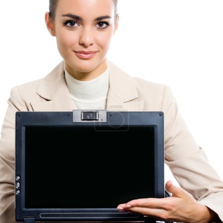 Businesswoman showing laptop with copyspace, on white