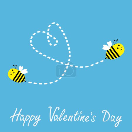 Two flying bees. Dash heart in the sky. Happy Valentines Day card.