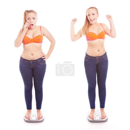 Before and after a diet, girl on a bathroom scale