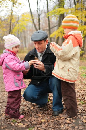 Grandfather with grandsons in forest in autumn