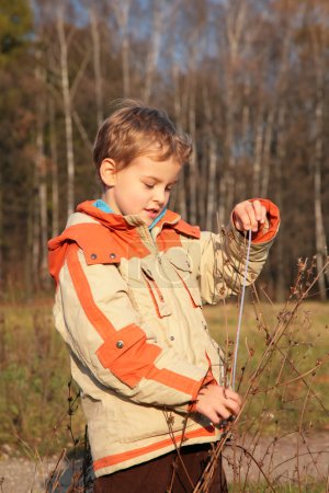 Boy in autumn wood with rope in hands
