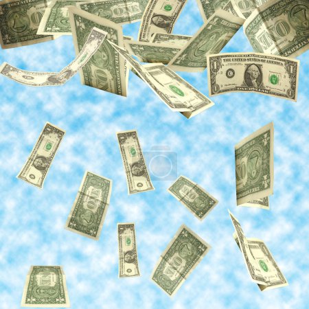 Dollars fall isolated on cloudy sky background