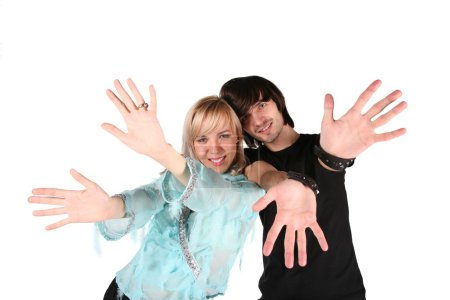 Girl and boy show gestures by hands