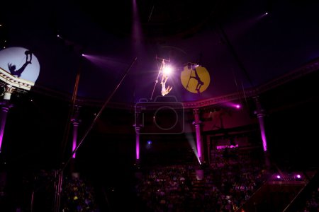Circus performance with two trapeze gymnasts purple light
