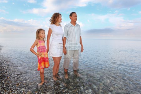 Happy family with little girl standing knee-deep in sea on beach