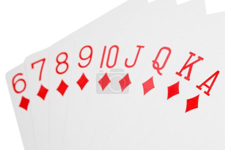 Playing cards of colour of diamonds isolated on white background