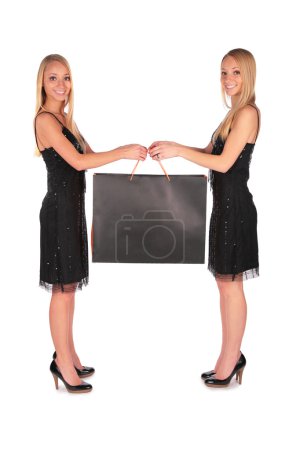 Twin girls holding bag