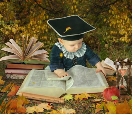 Little boy with many books in autumnal park collage