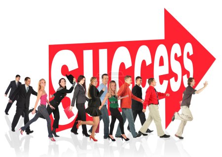 Business themed collage, run to success following the arrow sign