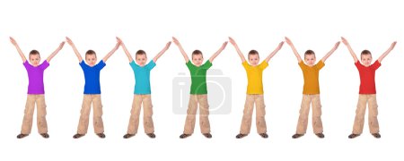Many boys with rainbow color sports shirts, collage