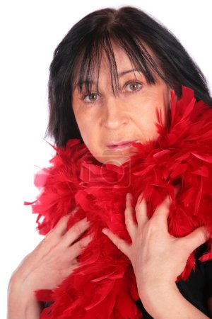 Woman in red feather shawl