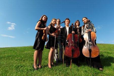 Six violinists stand on grass against sky