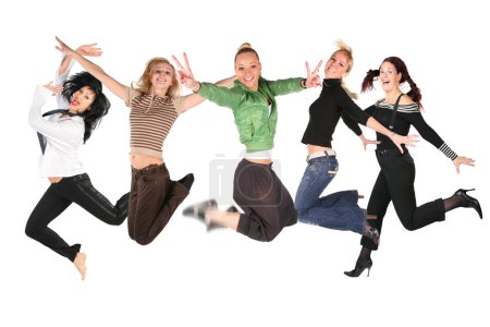 Many jumping girls on white, collage