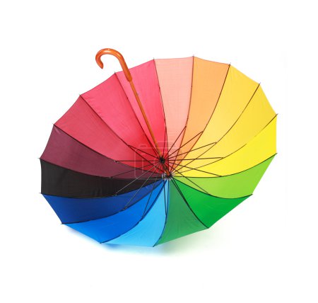 Opened multicoloredd umbrella handle up isolated on white backgr