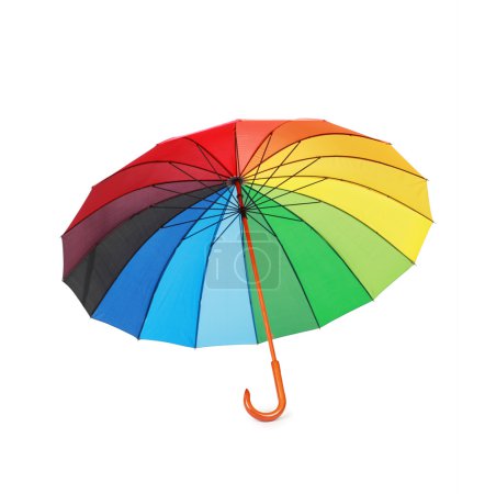Opened multicoloredd umbrella handle down isolated on white back