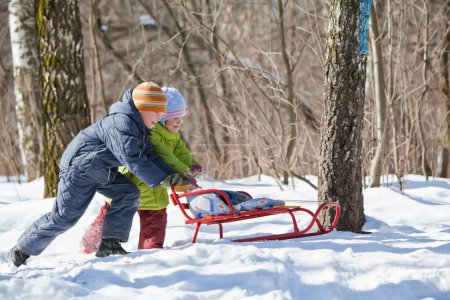 Boy and little girl push sledge in winter in wood
