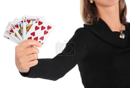 Woman holds card in hand