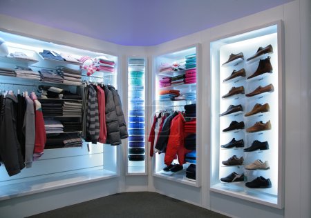 Upper clothes and shoes in shop