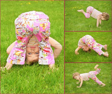 Many pictures of girl in on grass, collage