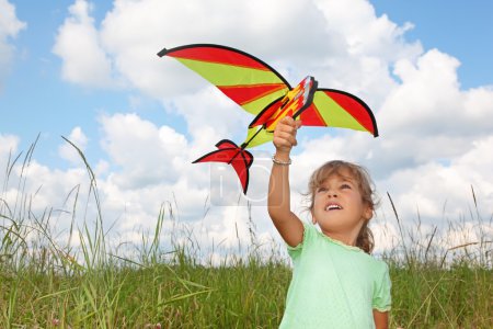 Little girl plays kite on meadow