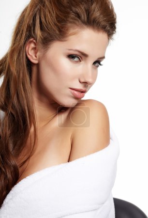Beautiful woman in spa center on white background