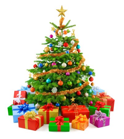 Lush christmas tree with colorful gift boxes