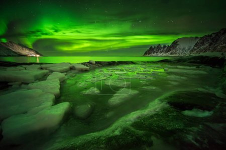 Aurora Borealis over float ice on Tugeneset rocky coast with mountains in background, Norway