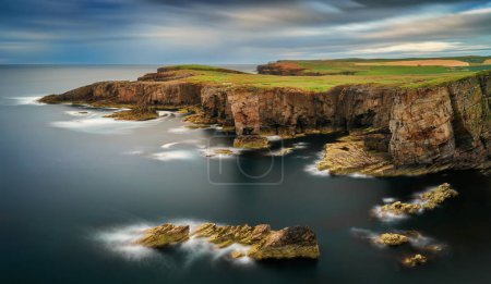 Panorama of Yesnaby cliffs with Castle Rock in center, Orkney Islands, Scotland