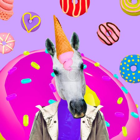 Candy Unicorn. Contemporary art collage. Funny Fast food minimal project