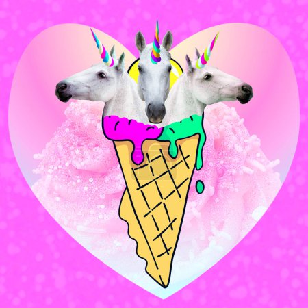 Contemporary art collage. Triple Unicorns Ice cream. Funny Fast food minimal project