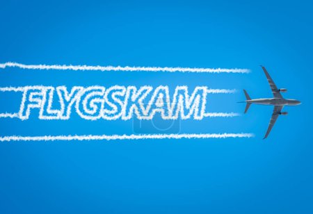 Airplane leaving jet contrails with Flygskam word inside