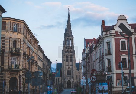 Katowice, Poland - February 18, 2018: Cityscape on cloudy afternoon. View of st. Mary's Church