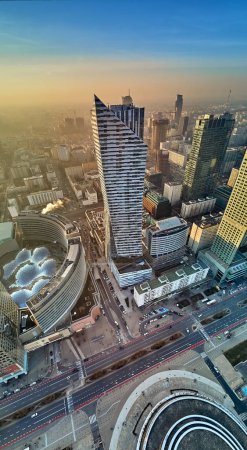 WARSAW, POLAND - DECEMBER 01, 2018: Beautiful panoramic aerial drone view to the center of Warsaw City and 