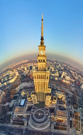 WARSAW, POLAND - DECEMBER 01, 2018: Beautiful panoramic aerial drone view to the center of Warsaw City and Palace of Culture and Science - a notable high-rise building in Warsaw, Poland
