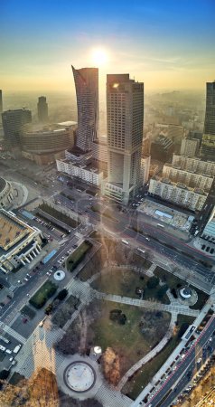 WARSAW, POLAND - DECEMBER 01, 2018: Beautiful panoramic aerial drone view to the center of Warsaw City and 