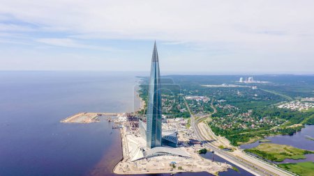 Saint-Petersburg, Russia - June 18, 2019: Lakhta Center. Gazprom headquarters, From Drone 