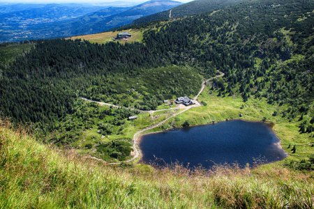 The glacier lake on the polish side of Krkonose- National park of Czech republic. This the road of czech and polish friendship to the Snezka. the highest mountain of Czech republic.
