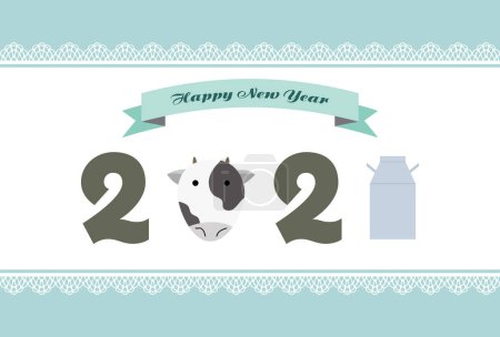 Illustration of New Year's card with cow icon and year/lace ornament background.
