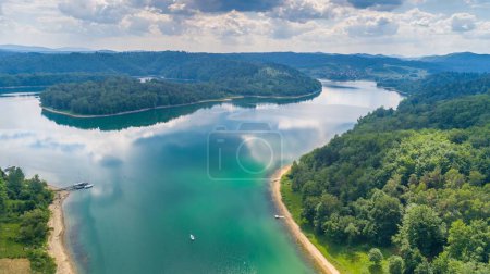Aerial drone view on beautiful Solina lake in Polish Bieszczady Mountains. Solina, Poland
