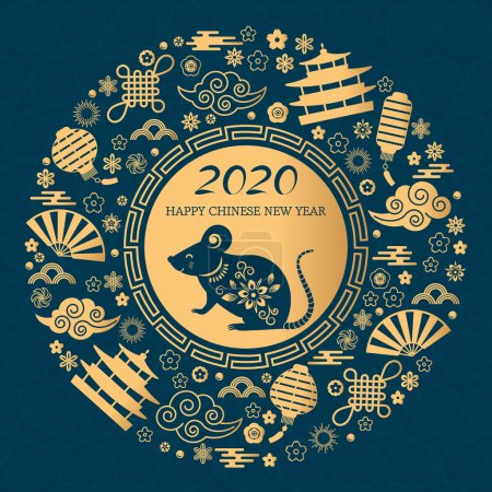 Happy Chinese New Year. The white rat is the symbol of 2020 Chinese year of the new year. Round golden vector illustration