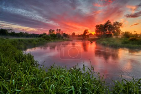Beautiful summer sunrise over river banks