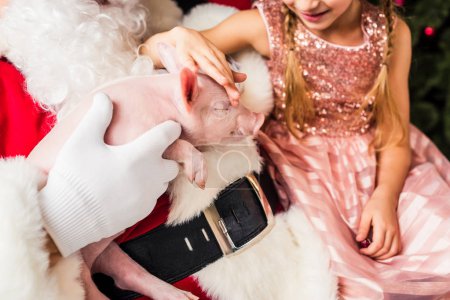 cropped shot of santa and happy little child playing with cute pig