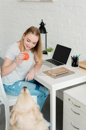 teen student girl playing with her dog while sitting at workplace