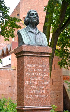 OLSZTYN, POLAND - AUGUST 26, 2018: Nicolaus Copernicus's bust. The Polish text - to Nicolaus Copernicus from grateful residents of Olsztyn.