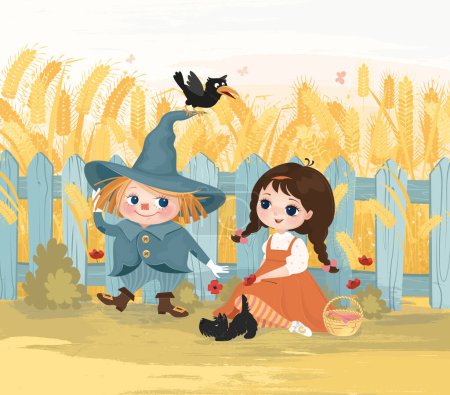 bitmap, illustration, background, Ellie, Scarecrow, Toto, dog, crow, wheat field, wizard of oz, wizard of oz