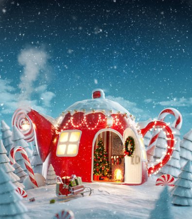 Amazing fairy house decorated at christmas in shape of teapot with christmas interior inside in magical forest with spurces and candy canes. Unusual christmas 3d illustration postcard.