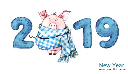 2019 Happy New Year banner. Cute pig in winter scarf with numbers. Watercolor illustration. Symbol of winter holidays. Zodiac sign. Perfect for calendar and celebration card.