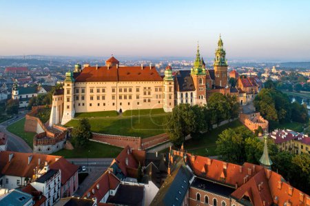 Wawel Castle and Cathedral in Krakow, Poland. Aerial view at sun