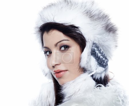Beautiful woman in warm clothing closeup portrait