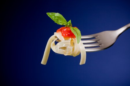 Fork with pasta and tomato sauce